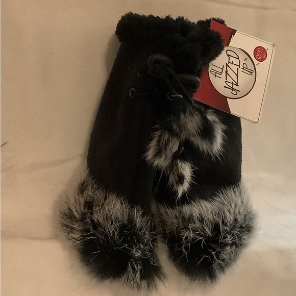 NEW Black Fingerless Texting Gloves with black & white Faux Fur Trim - Picture 2 of 5